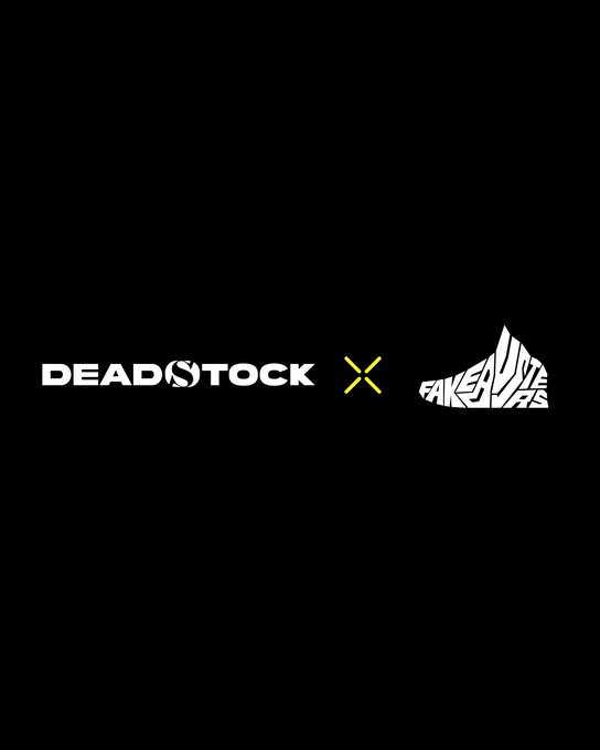 The image displays a collaboration logo featuring "DEADSTOCK" in white text with a Nike swoosh replacing the "O," alongside a yellow "X" and a patterned Air Jordan 1 silhouette in white, all set against a black background—likely teasing an upcoming Deadstock x Air Jordan 1 sneaker partnership in response to the "Oh!?" post.