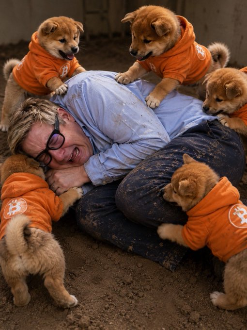 A man wearing glasses lies on the ground playfully swarmed by five puppies in orange Bitcoin-themed hoodies, capturing the chaotic excitement referenced in the post. The Bitcoin-branded attire and the "we won" sentiment mirror the bullish mood of DOG/Ordinals supporters celebrating potential fee and adoption surges.