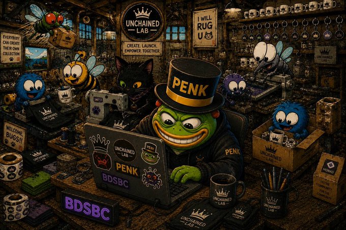 A vibrant, chaotic illustrated scene of 'Unchained Lab' featuring a green goblin-like character named 'PENK' wearing a top hat and working on a laptop, surrounded by cartoon bees, cats, mugs, and merchandise in a cluttered workshop.