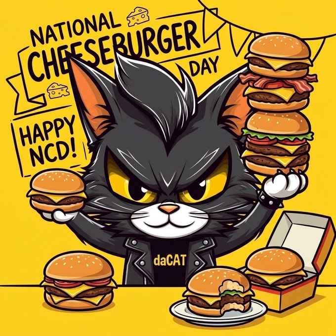 A cartoon illustration of a black cat character wearing a jacket labeled 'daCAT' surrounded by various cheeseburgers, with banners reading 'NATIONAL CHEESEBURGER DAY' and 'HAPPY NCD!'.