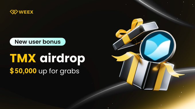 A WEEX crypto exchange advertisement featuring 'New user bonus', 'TMX airdrop', and '$50,000 up for grabs' alongside a 3D illustration of a gift box and a TMX token.
