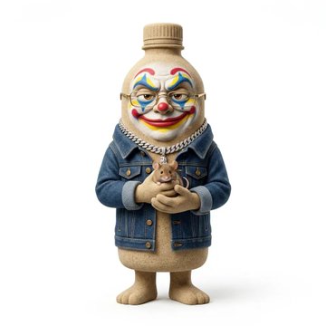 The image features an anthropomorphized clown figurine, wearing a blue denim jacket and holding a stuffed mouse toy. The clown has a face painted with red, yellow, green, and blue colors, giving it a unique appearance. The post about this artwork seems to be a discussion or review of the piece, as indicated by the caption "This was definitely not a smooth mint but who cares. The art is next level @nuclearsamurai".