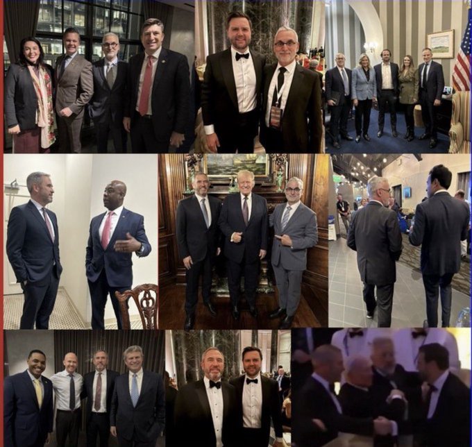 A collage of photos showing political and business figures, including appearances with JD Vance and Donald Trump, at formal events and meetings.