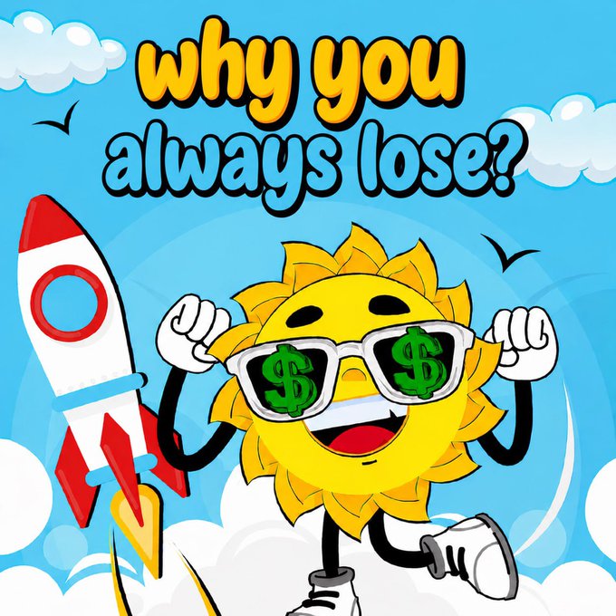 A cartoon sun wearing dollar-sign sunglasses flexes beside a rocket with the text "why you always lose?" displayed above, humorously illustrating how retail traders chase hype-driven rockets like $ANSEM while missing out on under-the-radar opportunities such as @summertokensol.
