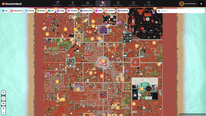 A screenshot of the Decentraland metaverse map interface showing various districts, venues, and navigation categories like FAVORITES, SOCIAL, MUSIC, and ART.