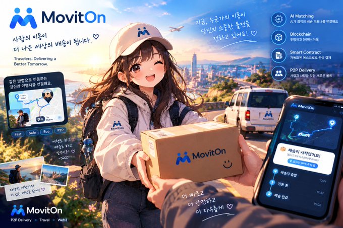 An anime-style promotional graphic for 'MovitOn,' a P2P delivery service, featuring a smiling female delivery worker in a white cap handing a MovitOn-branded cardboard box to a recipient, with a smartphone app interface displayed on the right.