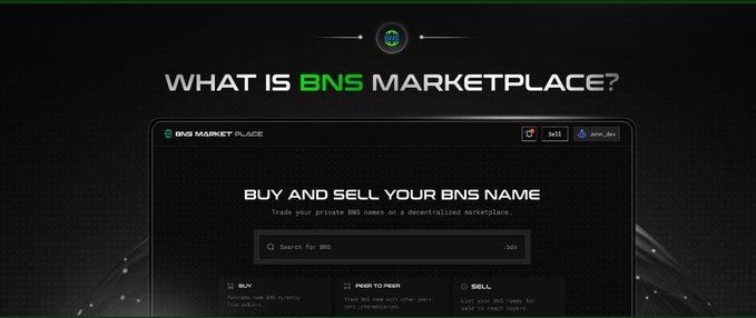 A promotional graphic asking "WHAT IS BNS MARKETPLACE?" with the subtitle "BUY AND SELL YOUR BNS NAME" and a search bar interface for BNS names.