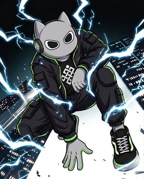 A dynamic anime-style illustration features a character wearing a gray cat-like mask and a black and green tracksuit, crouching amid crackling blue lightning with a cityscape in the background.
