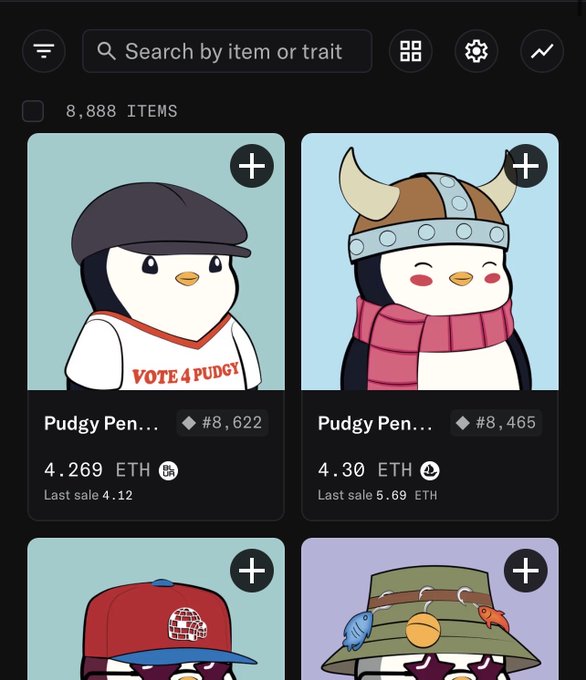A dark-themed NFT marketplace interface displaying cartoon penguin characters ('Pudgy Pen...') with prices listed in ETH, including one wearing a 'VOTE 4 PUDGY' shirt and another in a Viking helmet.