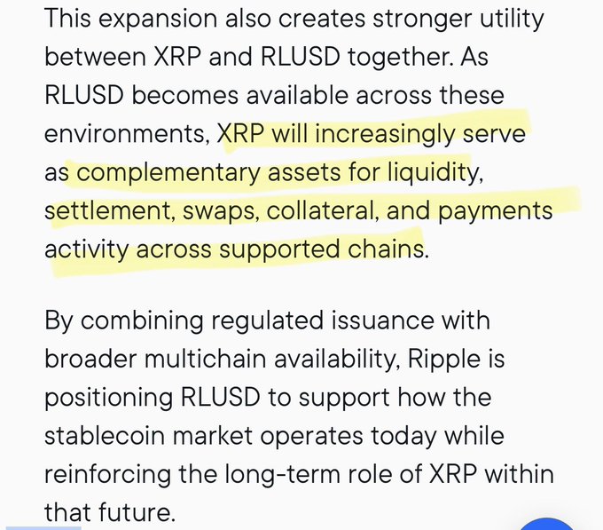 The image displays a highlighted text excerpt discussing how RLUSD's multichain expansion strengthens the complementary relationship between XRP ($XRP) and RLUSD, with XRP serving roles in liquidity, settlement, swaps, collateral, and payments across supported chains. The post's caption aligns with this, emphasizing that RLUSD growth directly enhances XRP's utility.