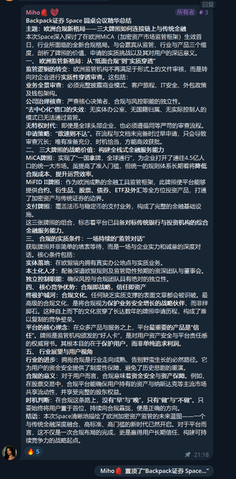 A Chinese social media post by user Miho titled 'Backpac硅谷 Space 圆桌会议精华总结' (Backpac Silicon Valley Space Roundtable Summary) discussing European digital media policy, AI consulting, and corporate strategies.
