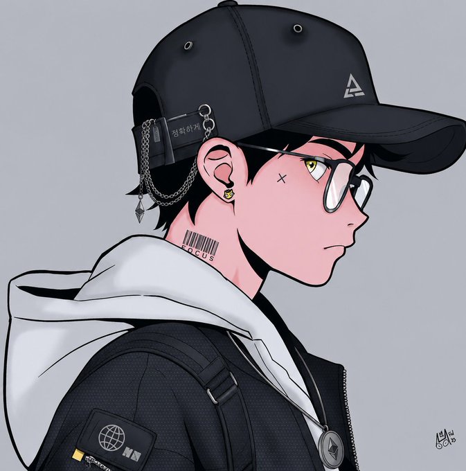 An anime-style profile illustration of a young man with black hair, wearing a black cap, glasses, a white hoodie, and a black jacket, featuring a barcode tattoo and an earring.
