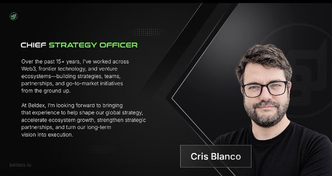 A professional announcement card introducing Cris Blanco as Chief Strategy Officer at Beldex, featuring his photo and a brief bio highlighting 15+ years of experience in Web3 and frontier technology.