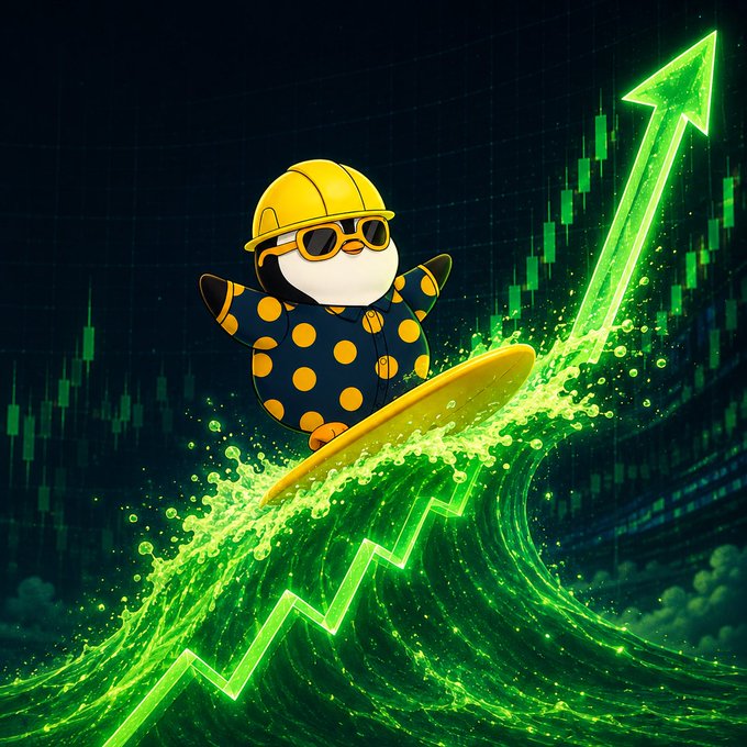 A digital illustration of a penguin wearing a yellow construction helmet and sunglasses, riding a surfboard on a green wave alongside a rising stock chart arrow.