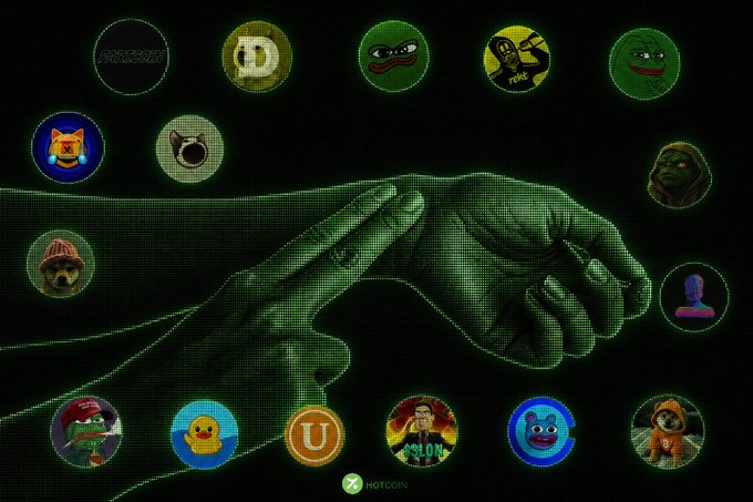 In this image, there are a variety of memes and logos associated with a popular video game. One of these elements is a person's hand raised with a fist and a heart symbol above it. The other elements include emojis that represent different concepts such as a dog, money, and other symbols related to the gaming world. The image also includes a post titled "Checking the pulse of the memecoin market... Which one is about to make the biggest move? $FARTCOIN $DOGE $BOME $REKT $PEPE $APEPE $MOG $POPCAT $WIF $ZEREBRO $KEKIUS $UTYA $USELESS $3LON $BRETT $DOG Drop your highest-conviction pick". The person's hand is prominently displayed, showcasing its significance in the gaming context.