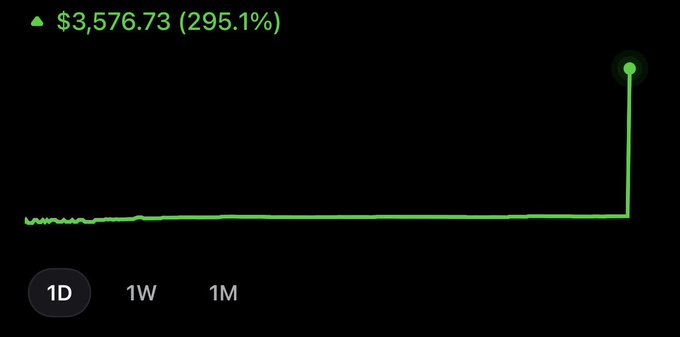A stock chart displays a dramatic vertical spike on the 1D timeframe, jumping to $3,576.73 (a 295.1% gain) after remaining relatively flat throughout the day, likely illustrating an unexpected after-hours or overnight surge that prompted the poster's frustrated reaction.