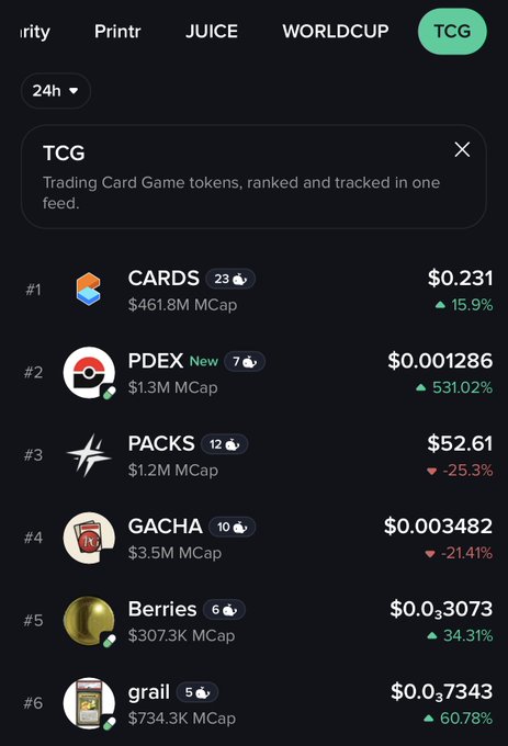 The image shows a mobile device screen displaying a trading card game leaderboard for various tokens like $CARDS, $GACHA, and $PACKS. The leaderboard provides live rankings of each token's performance against other tokens, as well as information about whale activity and instant trading. The post also mentions that the leaderboard is available on Moby.