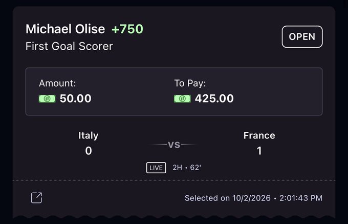 A sports betting interface showing a $50.00 bet on Michael Olise (+750) as First Goal Scorer in a live Italy vs France match, with potential payout of $425.00.
