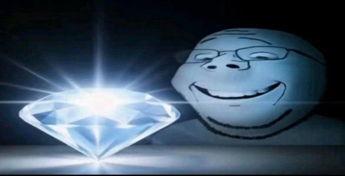 A glowing diamond shines next to the classic "Wojak Diamond Hands" meme face admiring it, symbolizing strong conviction and holding onto valuable assets—fitting for the post highlighting altcoins ($TIBBIR, $TAO) and an Ethereum address being watched for potential gains.