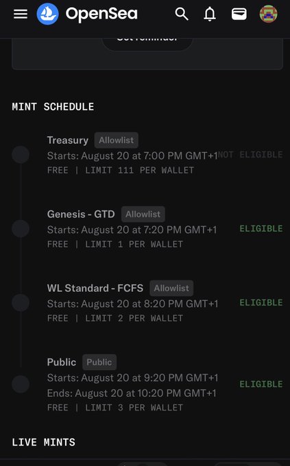 A mobile screenshot of the OpenSea app displaying a 'MINT SCHEDULE' with Treasury, Genesis - GTD, WL Standard - FCFS (Allowlist) and Public sale tiers, all starting August 20 between 7:00 PM and 9:20 PM GMT+1, marked 'ELIGIBLE'.
