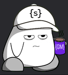 A cartoon doodle of a grumpy blob character wearing a cap labeled '{$}' while drinking from a purple mug marked 'GMM'.