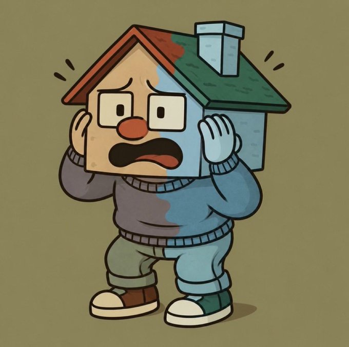 A cartoon character with a house for a head stands with hands raised to its cheeks in a panicked expression, mouth agape in distress. The image humorously visualizes the feeling of utter dismay conveyed by the accompanying frustrated, expletive-filled text.