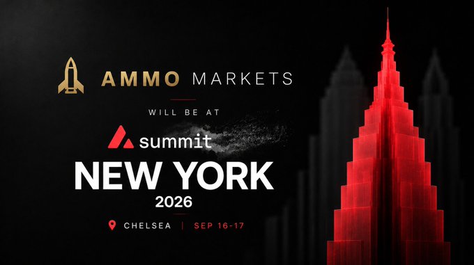 An event promotional graphic for 'AMMO MARKETS' at summit in NEW YORK 2026, scheduled for SEP 16-17 at CHELSEA, featuring a red illuminated skyscraper silhouette against a dark background.