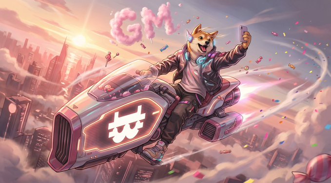 A digital illustration of a Shiba Inu dog wearing a jacket riding a futuristic flying vehicle above a city, taking a selfie with a smartphone, with 'GM' spelled out in smoke and the Binance logo on the vehicle.