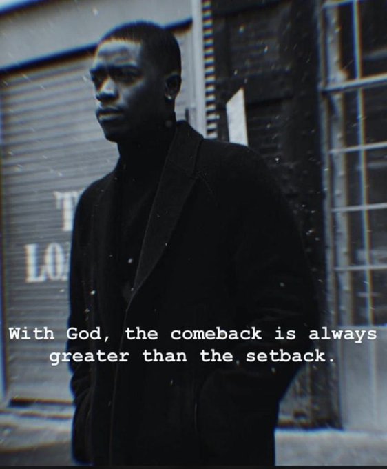 A moody photo of a young Black man in a dark coat standing in falling snow near a metal roll-up door, with the text 'With God, the comeback is always greater than the setback.'