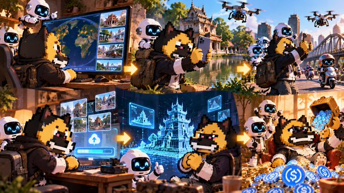 A pixel-art style illustration depicting a dog character and small robots exploring various scenes including a world map, holographic buildings, and collecting coins.