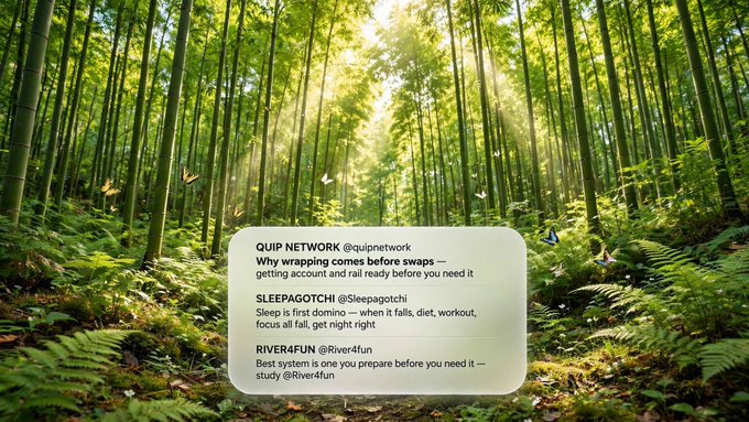 A social media graphic overlaid on a sunlit bamboo forest shows quotes from @quipnetwork, @sleepagotchi, and @River4fun about preparation.