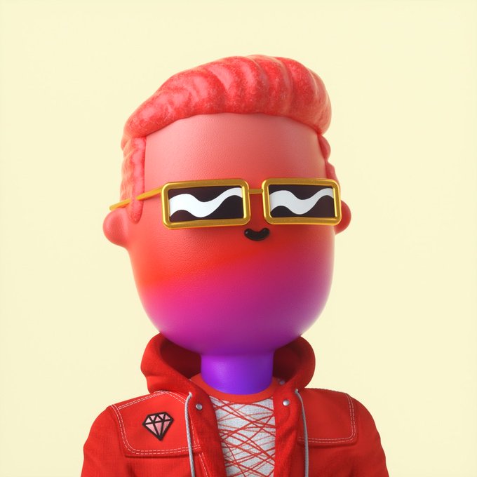 A 3D rendered character with a gradient red-to-purple head, stylized rectangular sunglasses, and a red jacket with a diamond patch.