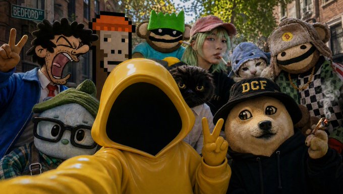 A group of costumed mascots, including a yellow-hooded figure, a dog in a "DCF" cap, and a bear, pose together at Bedford Street. The image's playful, community-driven vibe mirrors the post's message about Motion.tips' V2 launch, where tipping, collaboration, and expanding a creative network are central themes.