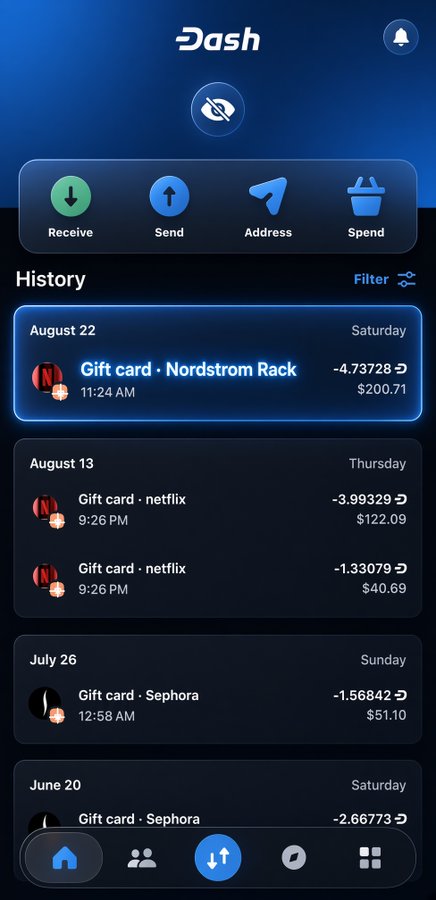 A screenshot of the Dash app shows a transaction history including purchases of gift cards from Nordstrom Rack, and Sephora, with options for Receive, Send, Address, and Spend.