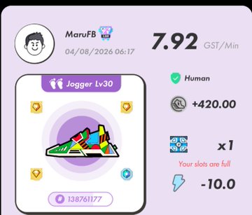 A digital collectible card app interface displaying a 'Jogger Lv30' sneaker NFT with a value of 7.92 GST/Min, owned by user MaruFB on 04/08/2026, showing rewards of +420.00 and -10.0 energy.