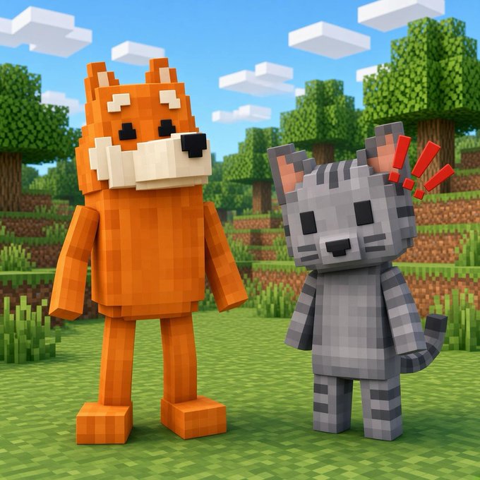 Two blocky, voxel-style 3D characters—a fox and a cat—stand on grass in a pixelated Minecraft-like environment with trees and clouds.