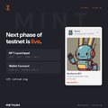 A dark-themed digital poster reads "Next phase of funniest is live" and "NFT Launchpad MINT" alongside a cartoon illustration of a figure using a smartphone.