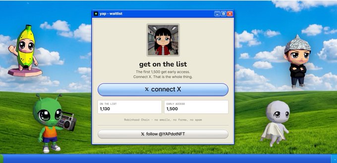 A retro-styled computer interface window titled 'yap - waitlist' shows 'get on the list' with the text 'The first 1,500 get early access. Connect X. That is the whole thing.' and 'X connect X' button, surrounded by cartoon character figurines.