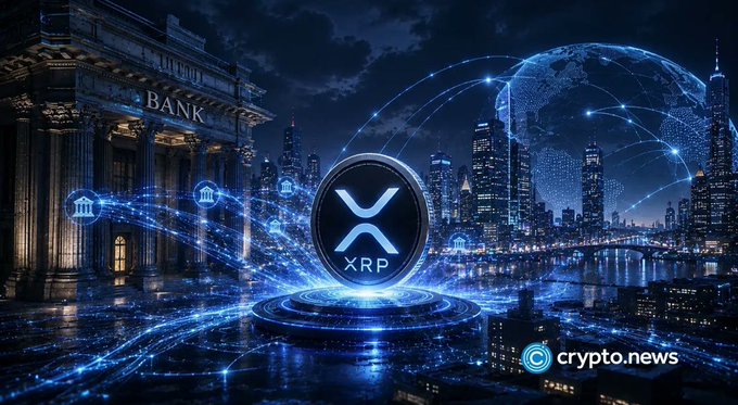 A glowing XRP coin rests on a futuristic platform against a backdrop of a classical bank, a digital globe, and a city skyline, symbolizing the intersection of traditional finance and emerging cryptocurrency. The image visually reinforces the article's central question about whether XRP can offer greater utility beyond simply holding, highlighting its potential role in reshaping global financial systems.