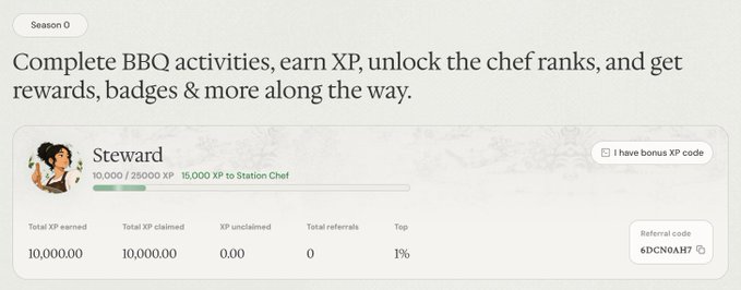 A user interface showing a reward system labeled 'Steward' for Season 0, detailing BBQ activities, XP progress (10,000/28,000 XP), and a referral code '6DCN0AH7'.