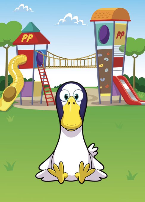 A cartoon illustration of a cute duck-like bird sitting on green grass in front of a colorful playground with slides, a climbing wall, and a rope bridge.