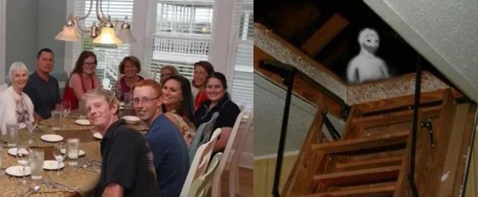 A large family gathers around a dining room table set for a meal, while a separate image shows a ghostly figure peering down a wooden staircase. The juxtaposition humorously implies the family is being mocked as crypto "ghost" enthusiasts while someone (ToximusMaximusNoShitcoin6.15) is sarcastically invited to explain their Bitcoin activities.