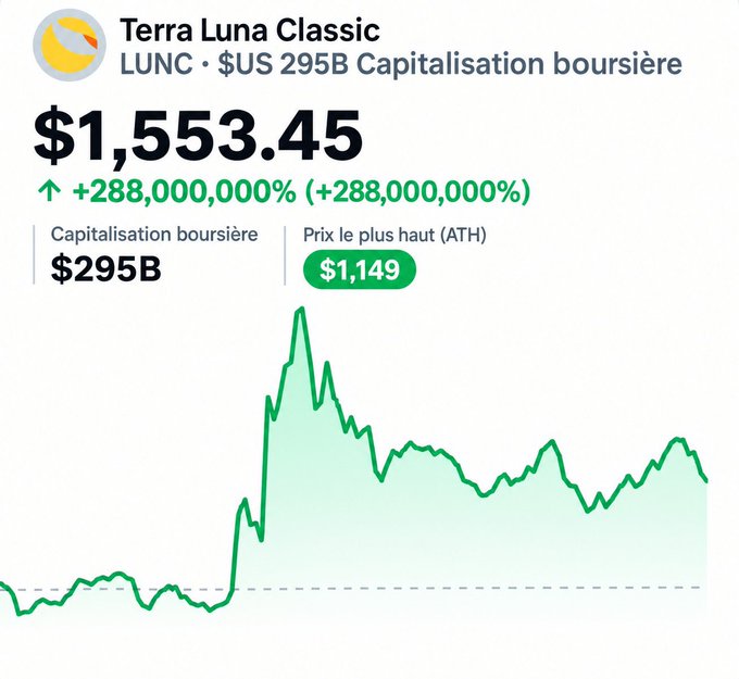 A cryptocurrency price chart for Terra Luna Classic (LUNC) shows a price of $1,553.45 with a +288,000,000% gain and a $295B market cap.