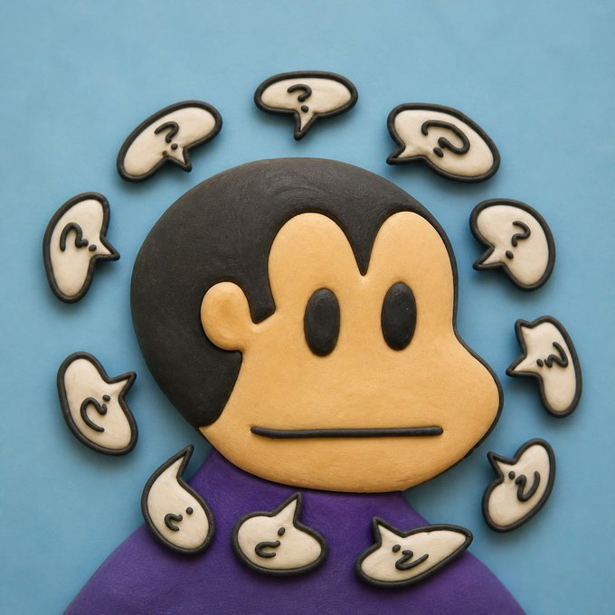 A clay sculpture of a person with black hair and purple shirt surrounded by speech bubbles containing question marks on a blue background.