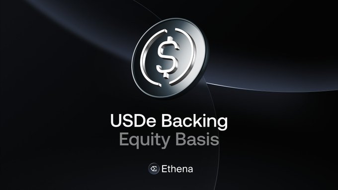 The image shows a sleek black promotional graphic for Ethena featuring a silver circular logo with a dollar sign, accompanied by the text "USDe Backing Equity Basis" and the Ethena brand name. It visually reinforces the post's explanation of how USDe differs from USDT by highlighting its "Equity Basis" backing structure, distinguishing it as a crypto-native synthetic dollar rather than a traditional stablecoin.