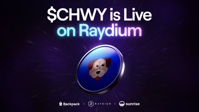 A promotional graphic announces "$CHWY is Live on Raydium" with a Shiba Inu dog token icon, featuring the logos of Backpack, Raydium, and Sunrise at the bottom against a purple starburst background. The image visually supports the announcement of Chewy's stock token launching for 24/7 trading on Solana.