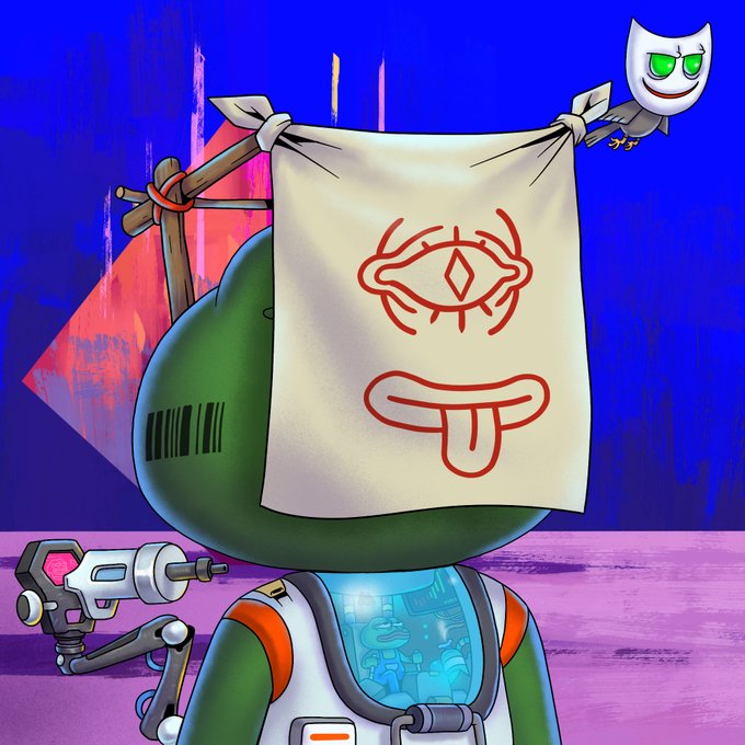 The image features a cartoon character wearing an orange and white space suit, with a red and white striped mask covering their face. The character appears to be exploring or investigating something out of frame. In the background, there are two other characters - one is a robot with a yellow head and a blue body, while the other is a green frog with a brown body. The image also includes text that reads "PEPE EXPLORERS" and "@TrystanNFT".