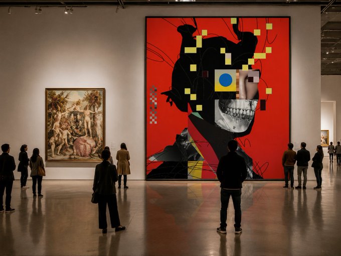 The image shows a group of people standing around an art exhibit, with one person wearing a black jacket that has a skull design on it. The artwork displayed includes a large painting and a sculpture, both of which are located near the center of the room. A few individuals can be seen in the background, while others are closer to the foreground. The group appears to be engaged in conversation or admiring the art pieces together.