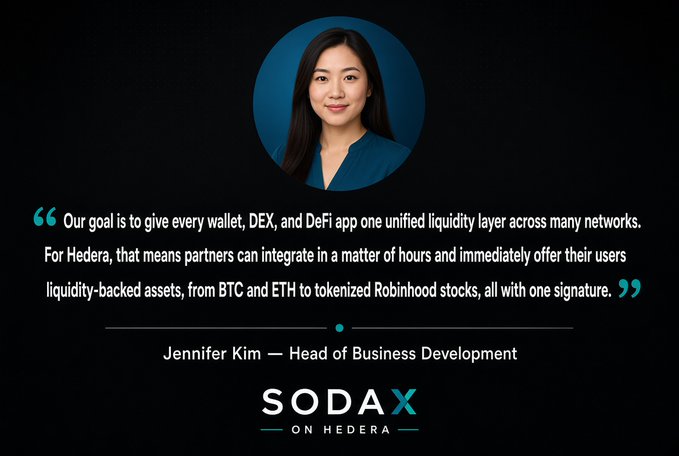 A SODAX quote graphic features Jennifer Kim, Head of Business Development, discussing a unified liquidity layer across wallets, DEXs, and DeFi apps on Hedera.