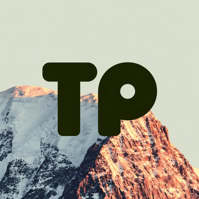 A snowy mountain peak glows orange in alpenglow beneath a pale sky, overlaid with large dark-green text reading “TP.” The image illustrates the post’s “Alpenglow mode: ON,” linking TokenPocket’s Solana activity to faster finality.